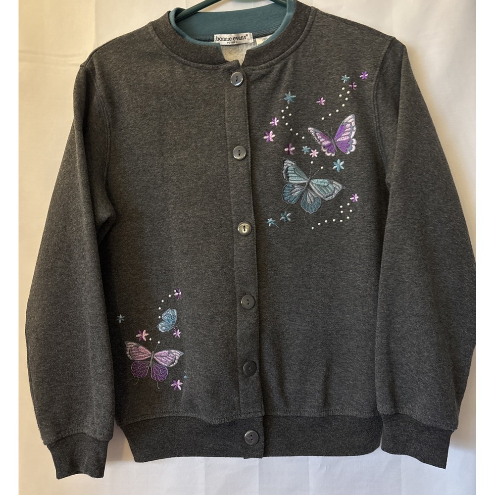 Bonnie Evans Womens PS(M)Gray Button Up‎ Butterfly Embroidered Cardigan Sweater